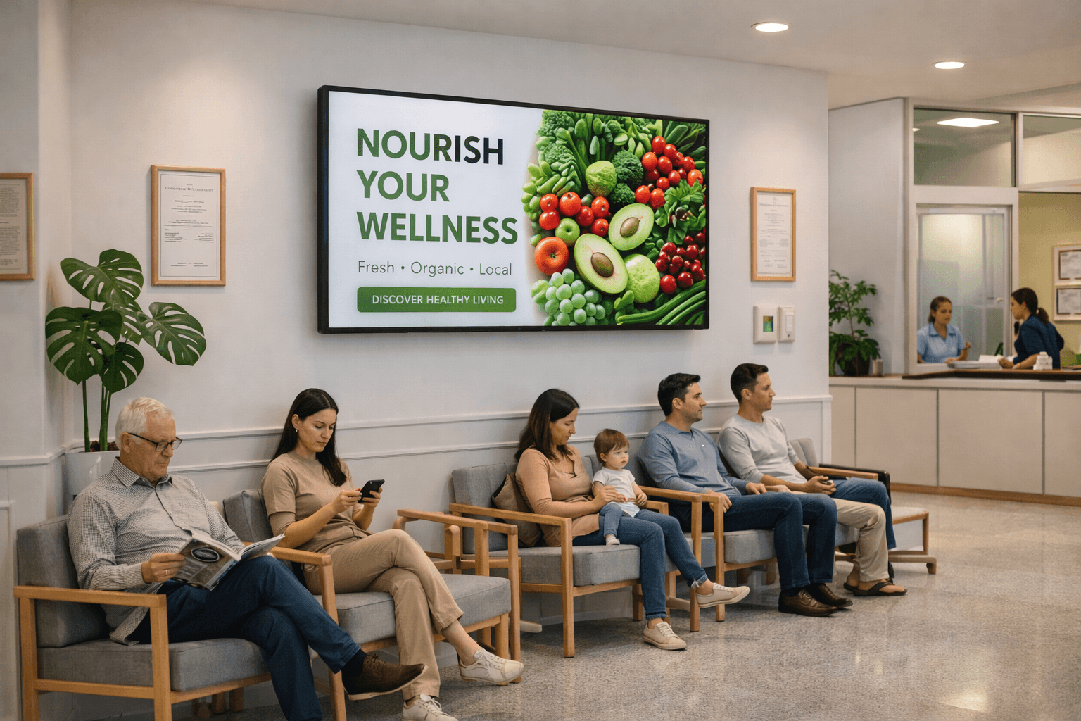 Modern medical clinic waiting room with patients and a wall-mounted LCD advertising screen