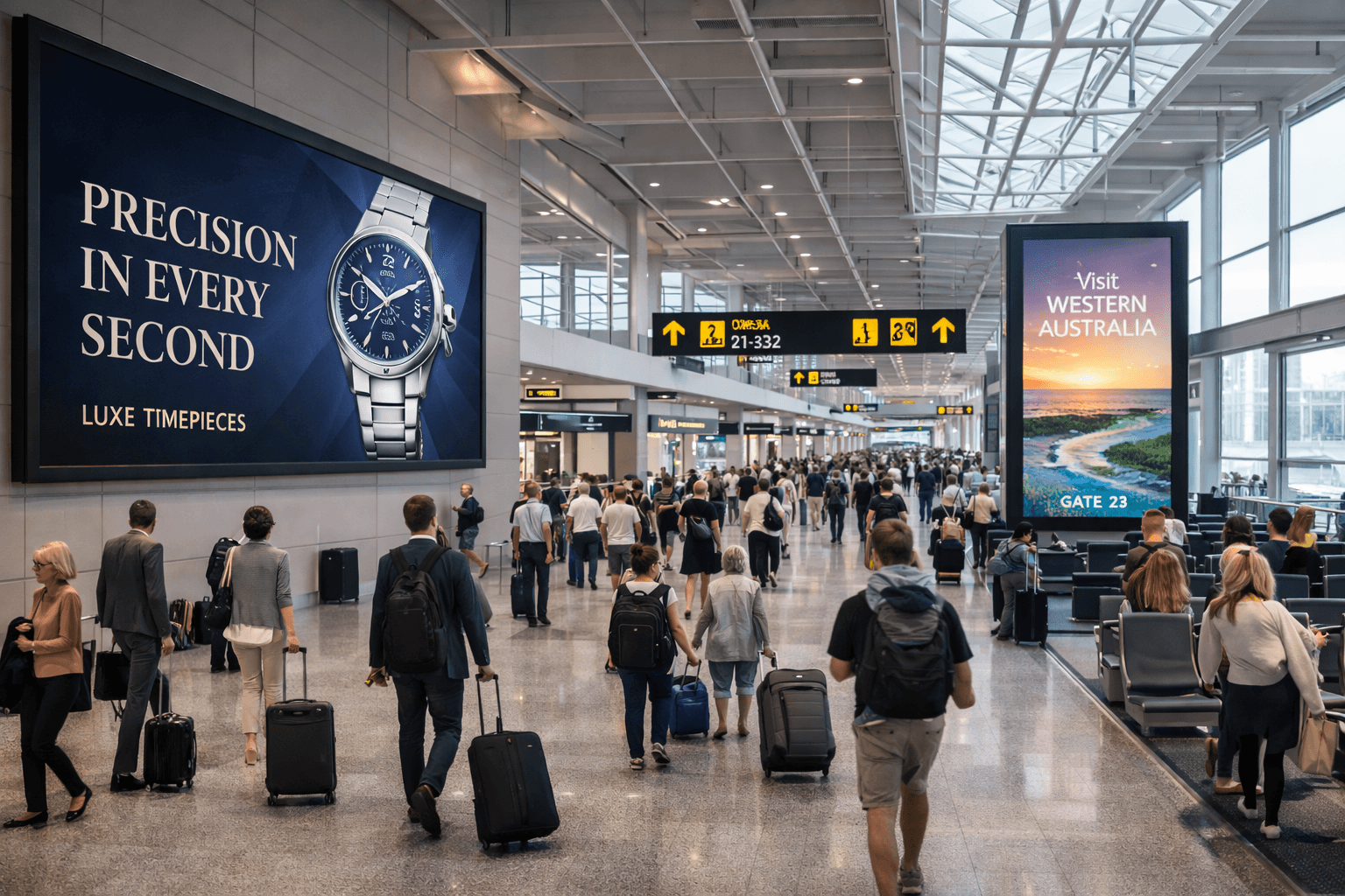 Busy airport terminal with travelers and large digital advertising displays